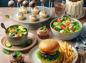 un plato de ensalada, otro plato de  hamburguesa con patatas fritas, y cake pops